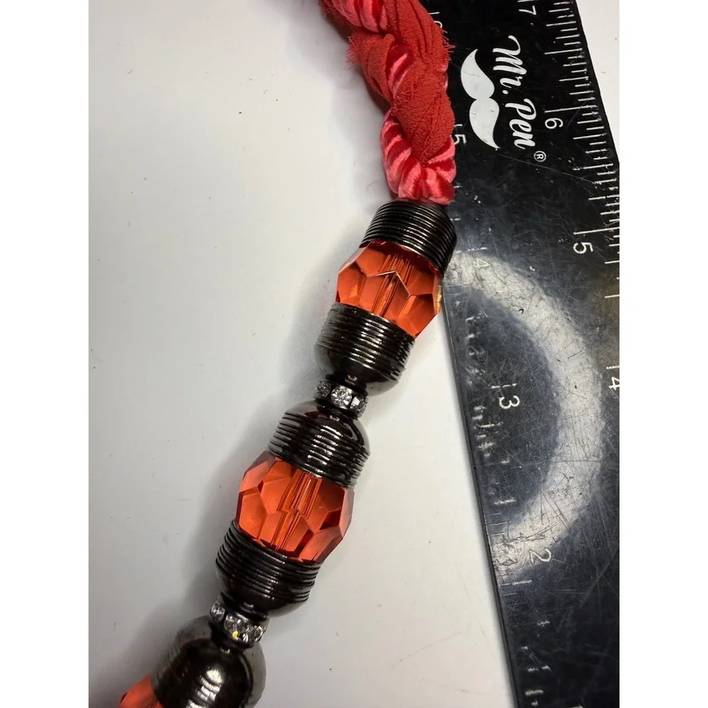 Cara New York Red Braided Fabric Orange Faceted Bead Statement Necklace NE-10609